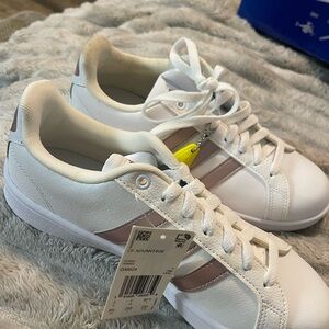 adidas White Sneakers with Blush Pink Stripes